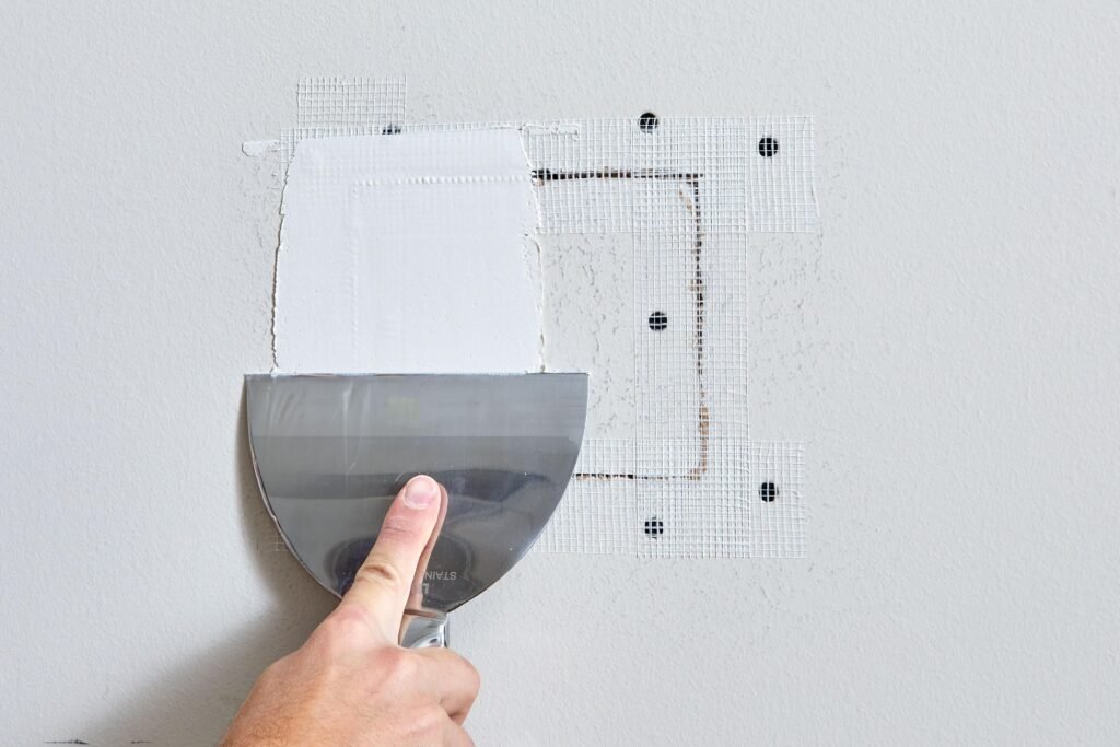 a person from soca services using a spatula to put plaster on a wall repair