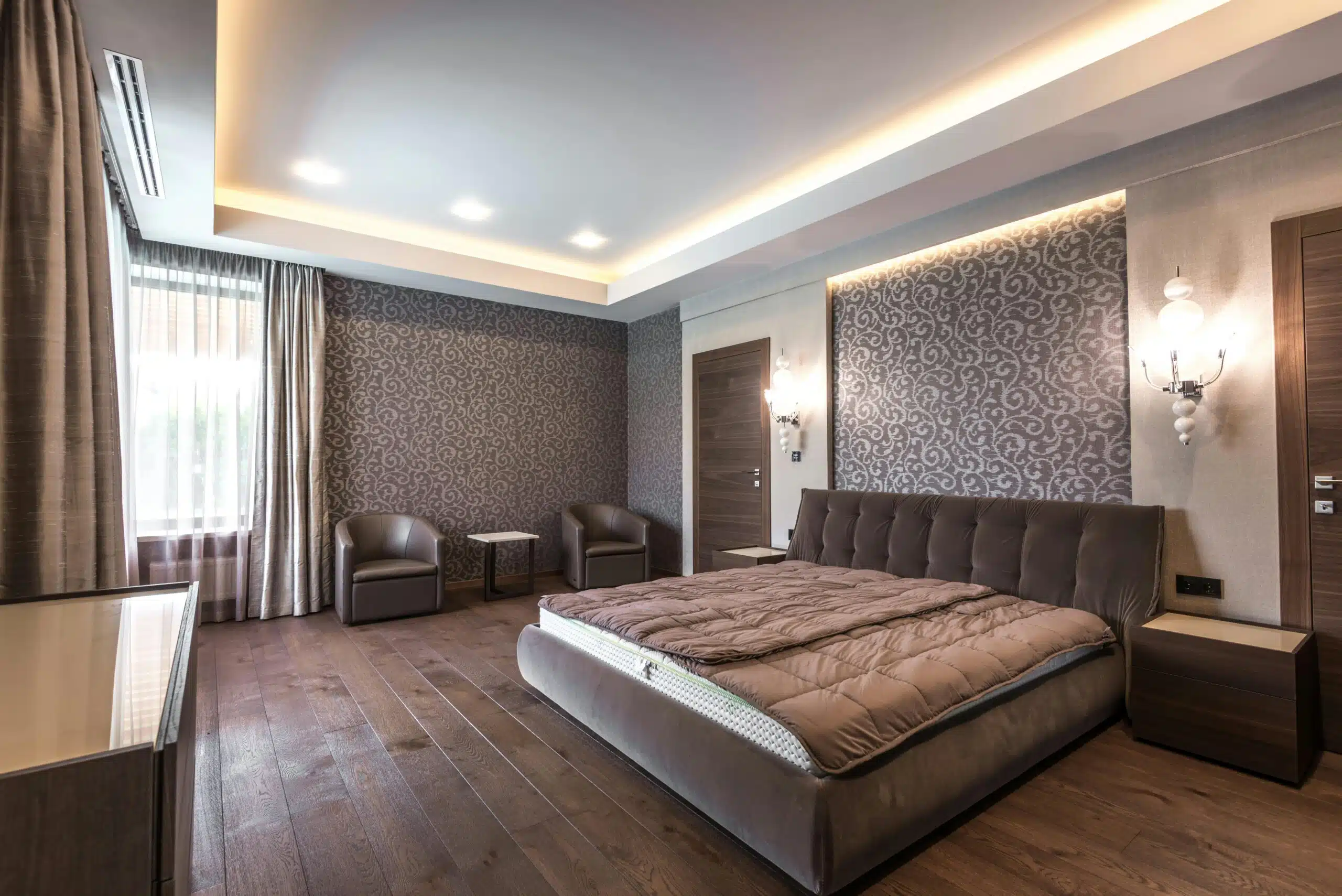 Elegant contemporary bedroom with brown tones and minimalist design. Perfect for interior design inspiration. by soca services painting