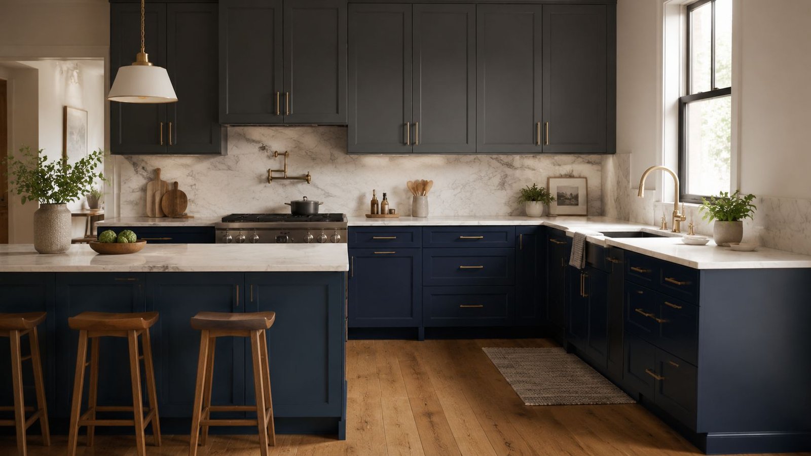 A modern kitchen featuring sophisticated dark blue lower cabinets and contrasting gray upper cabinetry with marble backsplash.