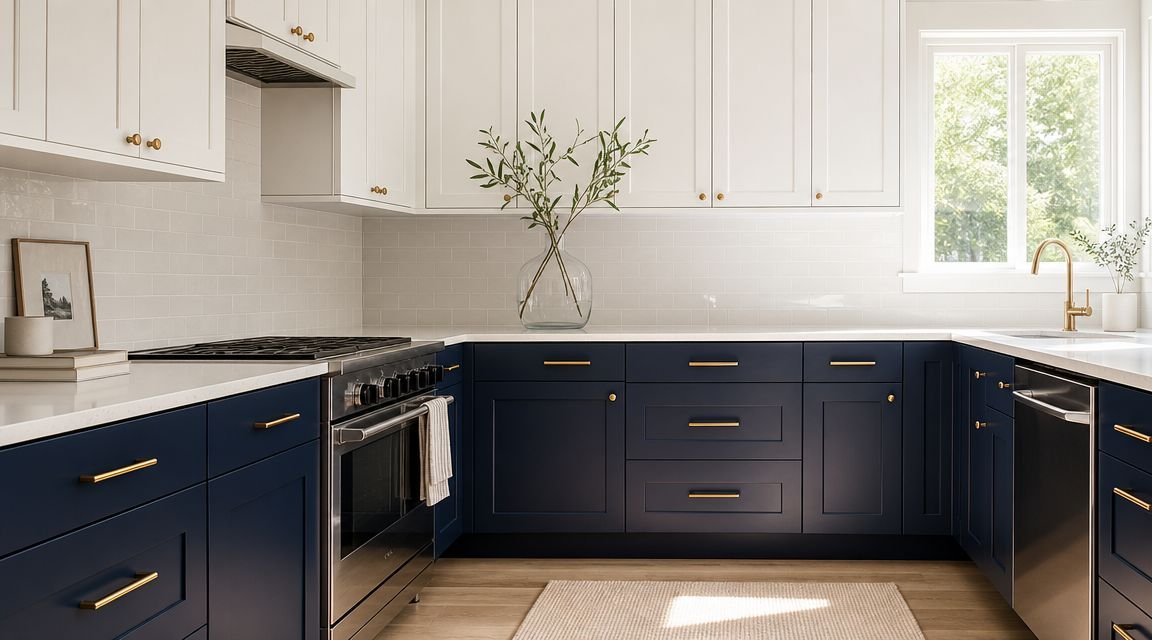A modern kitchen featuring navy blue lower cabinets, white upper cabinets, gold hardware, and white subway tile backsplash.