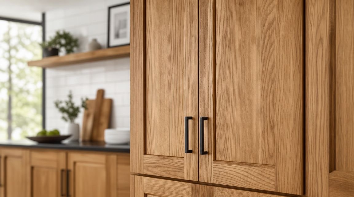 Close-up of a modern oak kitchen cabinet with sleek black handles in a bright, stylish kitchen.