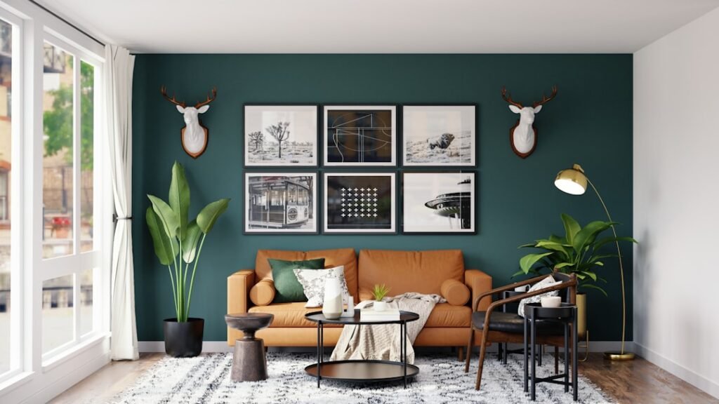 Modern living room with dark green accent wall showcasing professional interior painting results in Toronto home