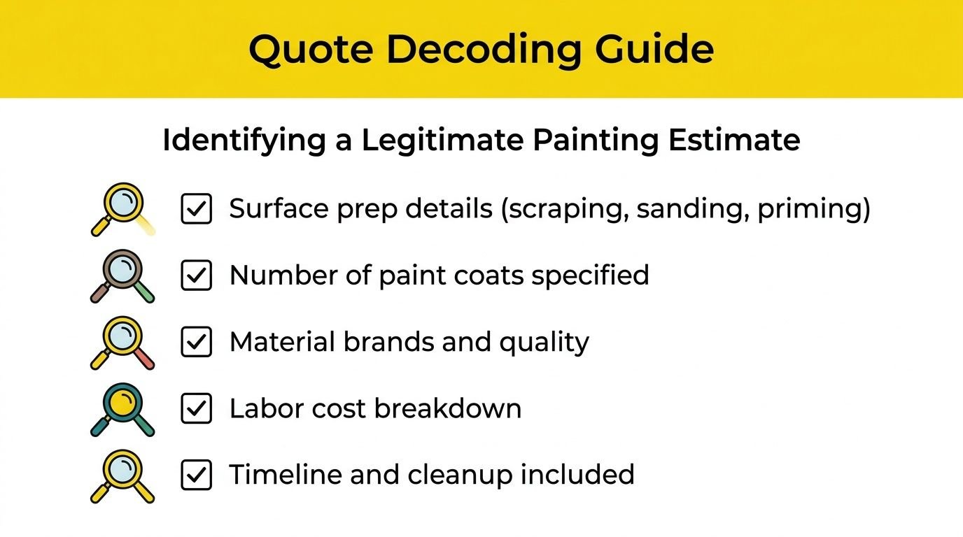 A checklist titled Quote Decoding Guide for identifying a legitimate professional painting estimate for your home project.