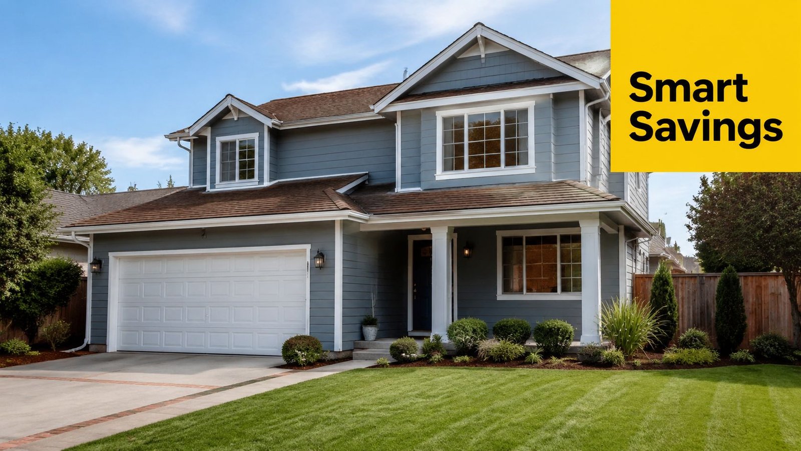 A beautiful two-story grey suburban home with a white garage door, well-manicured lawn, and professional exterior painting.