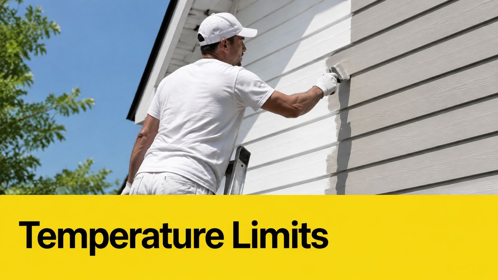 A professional painter wearing a white hat and shirt painting a beige house exterior with white paint.