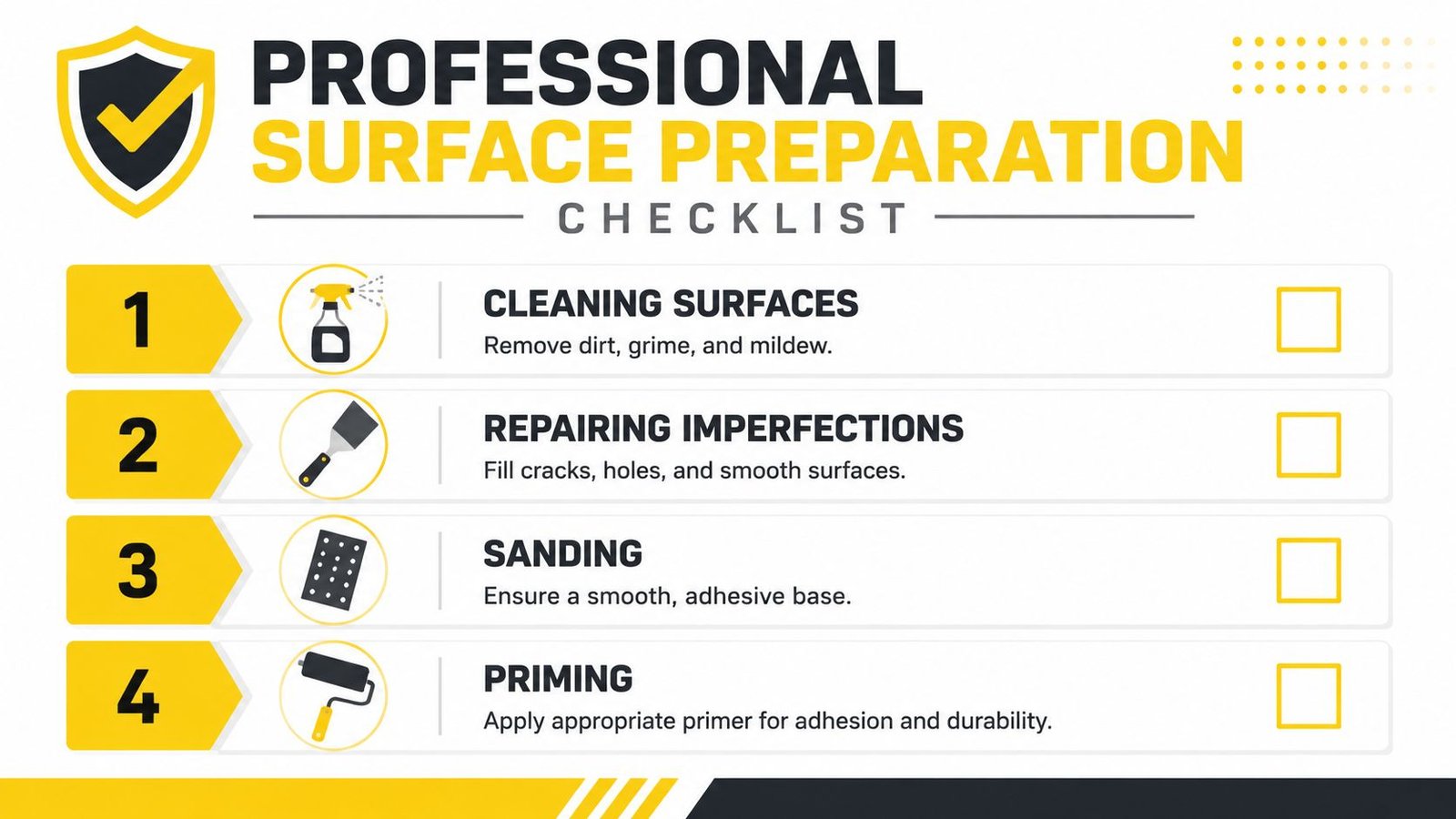 A professional four-step surface preparation checklist infographic featuring icons for cleaning, repairing, sanding, and priming.