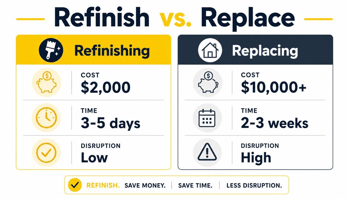 A comparison chart showing that refinishing cabinets is more cost-effective, faster, and less disruptive than replacing them.