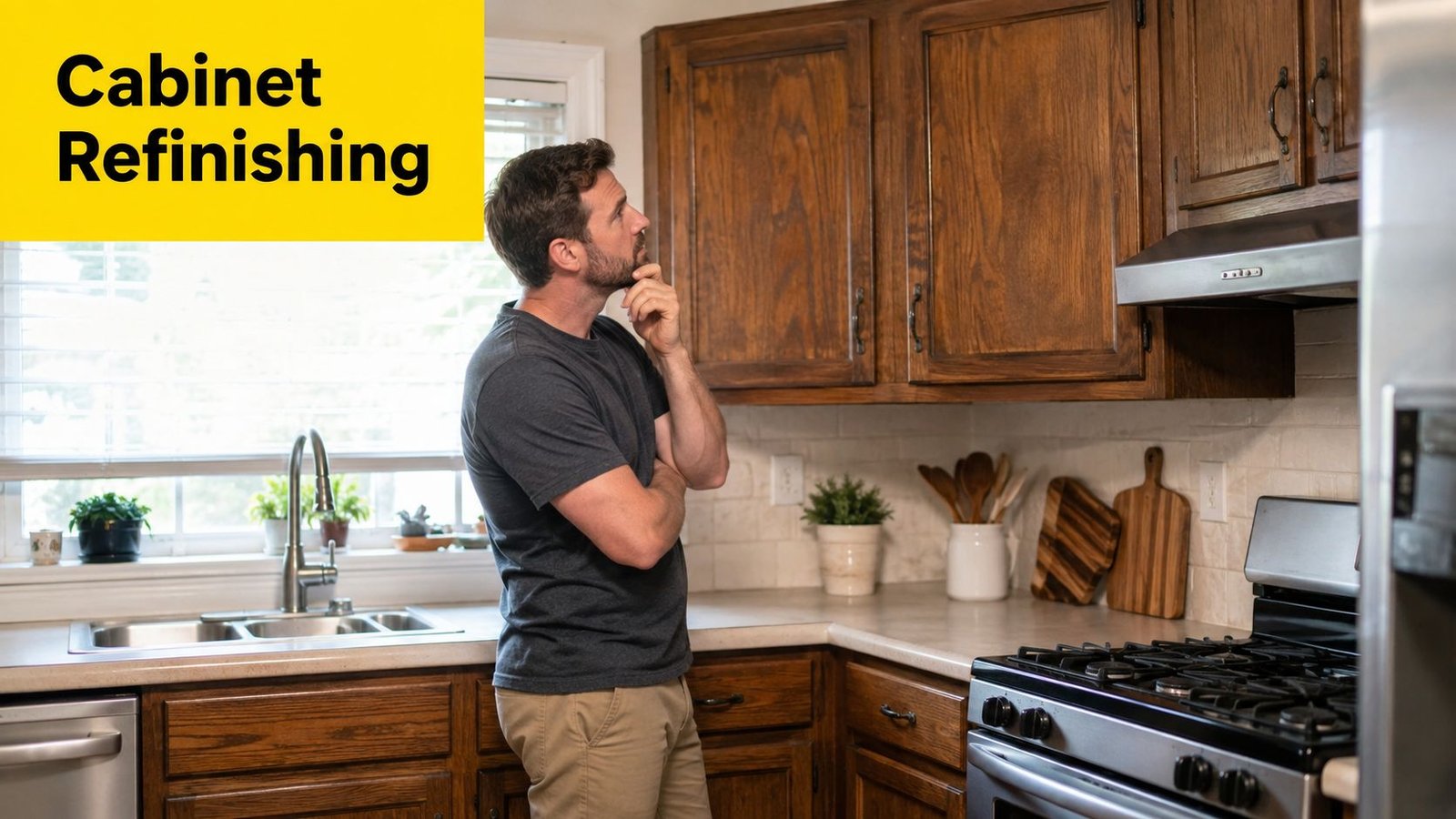 A man stands in a kitchen contemplating a change to his dark wooden kitchen cabinets for refinishing.