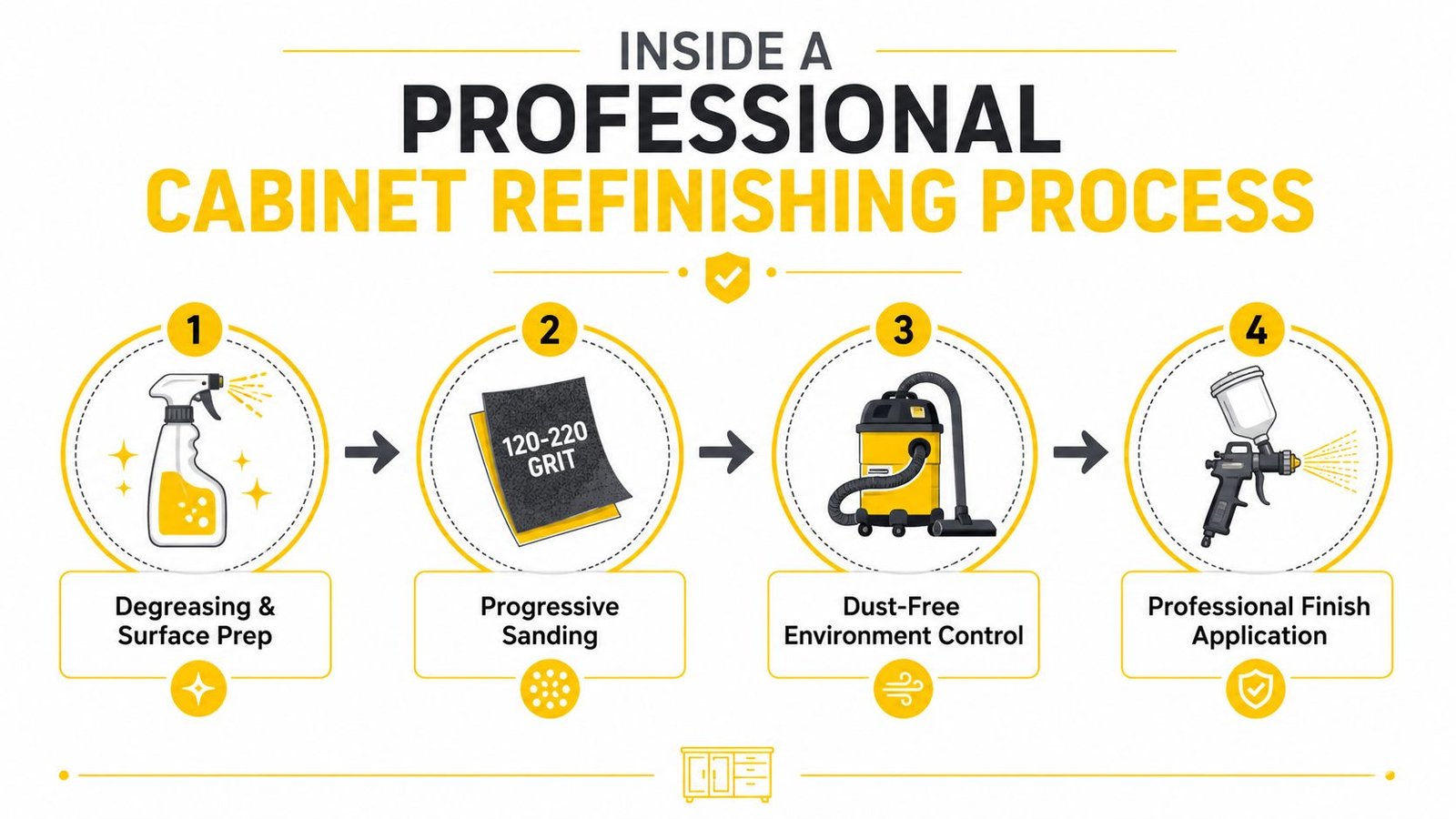 A professional infographic illustrating the four-step cabinet refinishing process including degreasing, sanding, dust control, and paint application.
