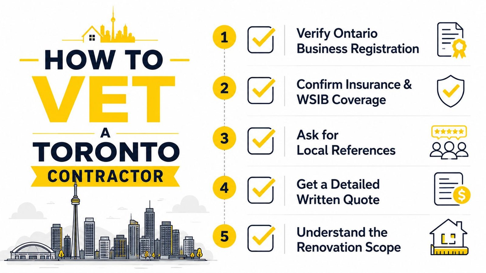 A helpful infographic showing five essential steps to properly vet a professional contractor in Toronto, Ontario.