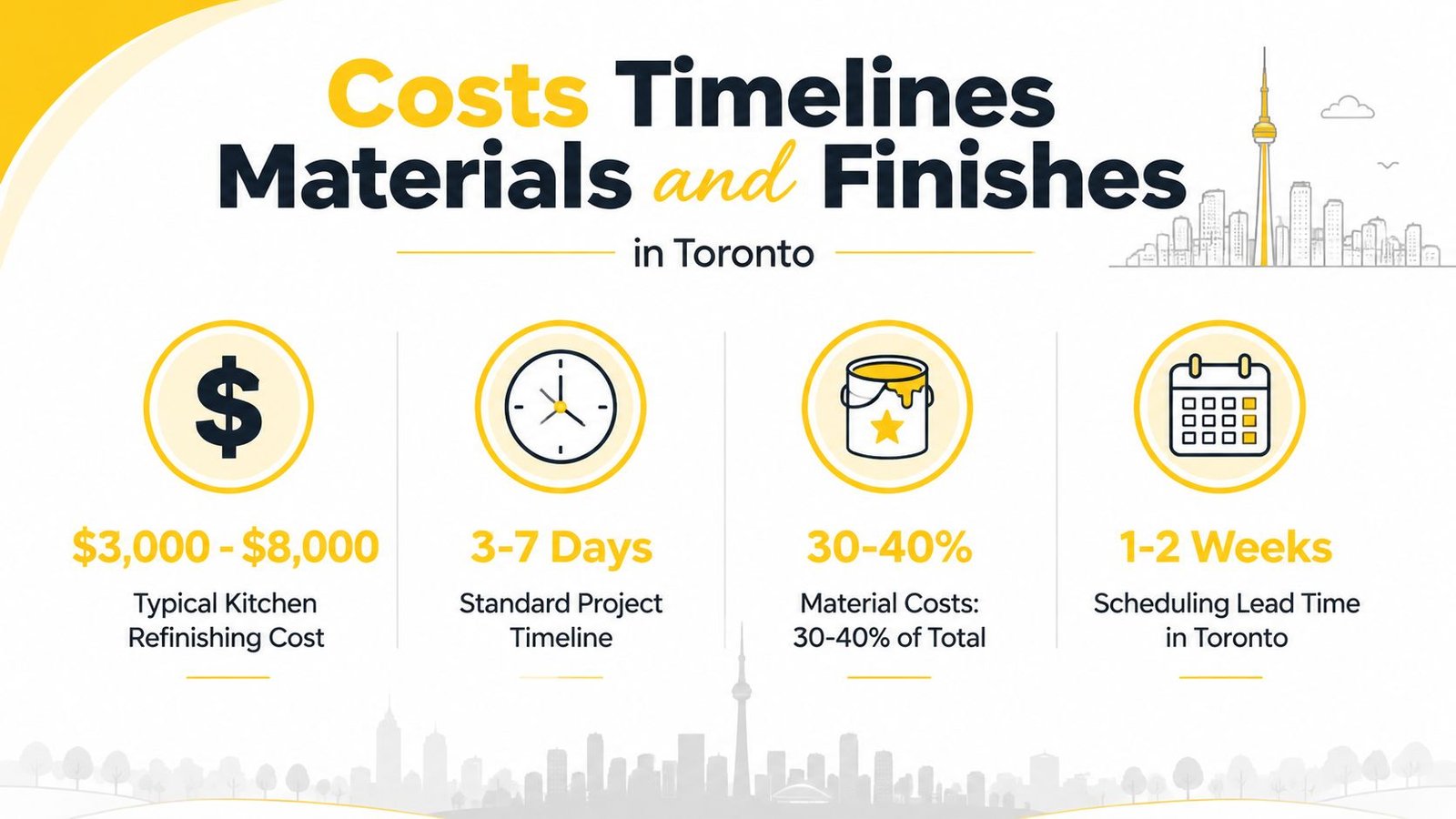 An infographic showing typical costs, timelines, and material percentages for kitchen cabinet refinishing services in Toronto.