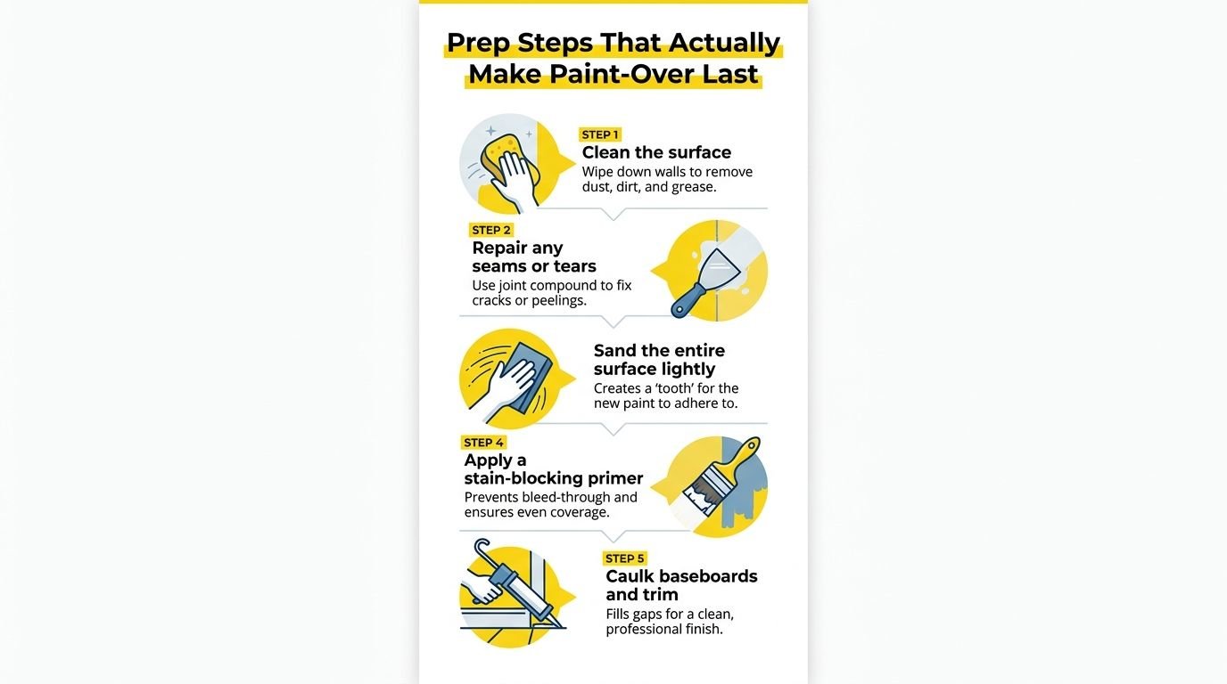 An infographic showing five essential preparation steps to ensure a long-lasting and professional paint job over wallpaper.
