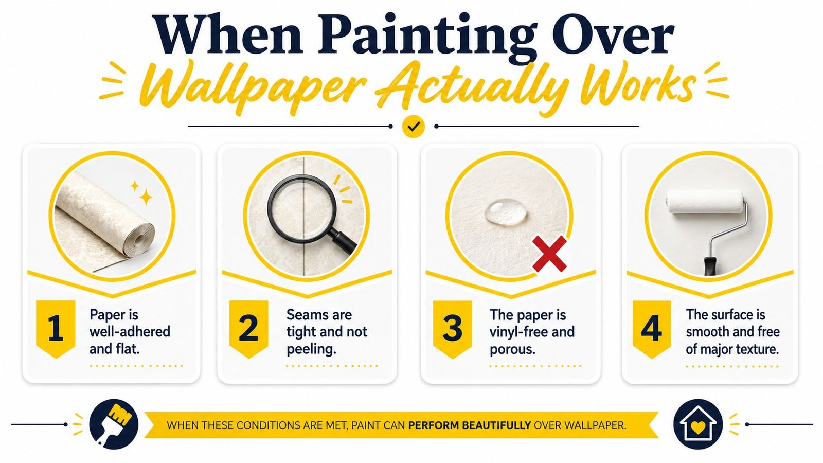 An infographic detailing four conditions for when it is appropriate to paint over existing wall wallpaper.