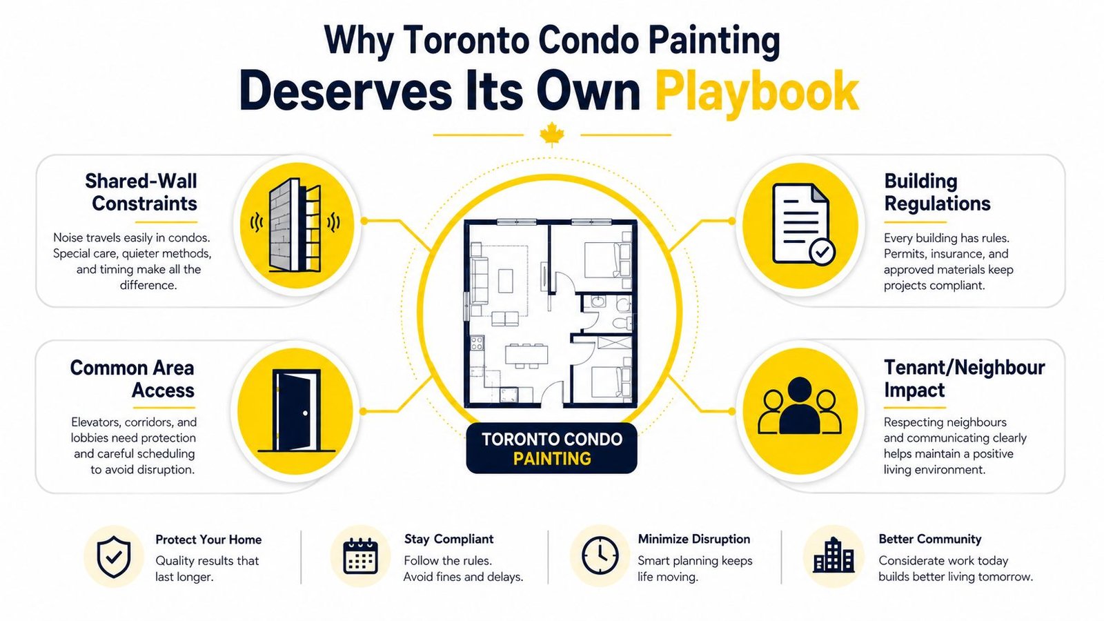 An infographic detailing important considerations for condo painting projects in Toronto, including regulations, noise, and neighbors.
