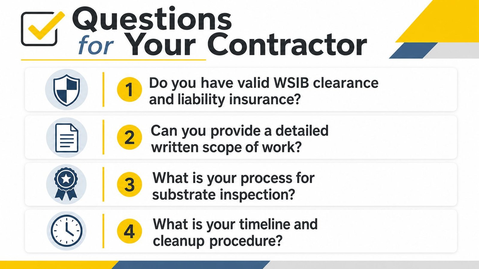 A list of four essential questions to ask a professional contractor regarding insurance, scope, and process.