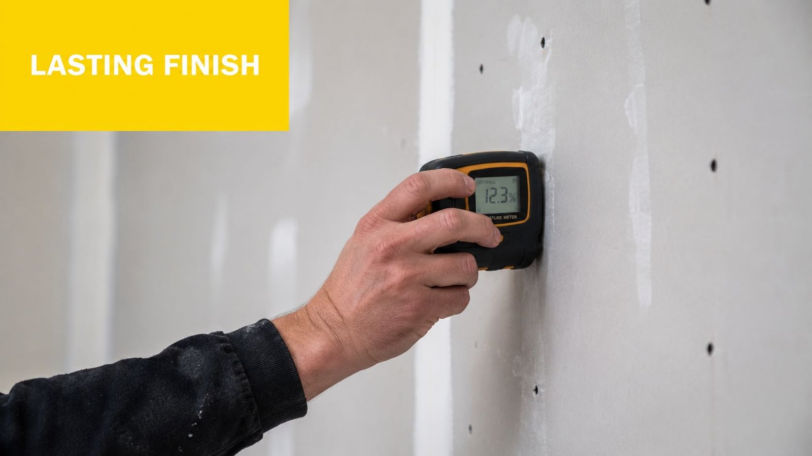 A professional using a digital moisture meter on new drywall sheets during a renovation project.
