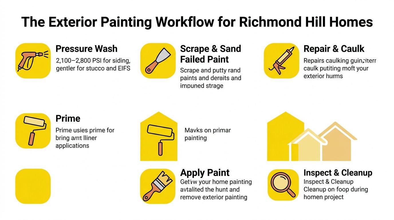 An infographic illustrating the step-by-step exterior painting workflow for homes located in Richmond Hill.