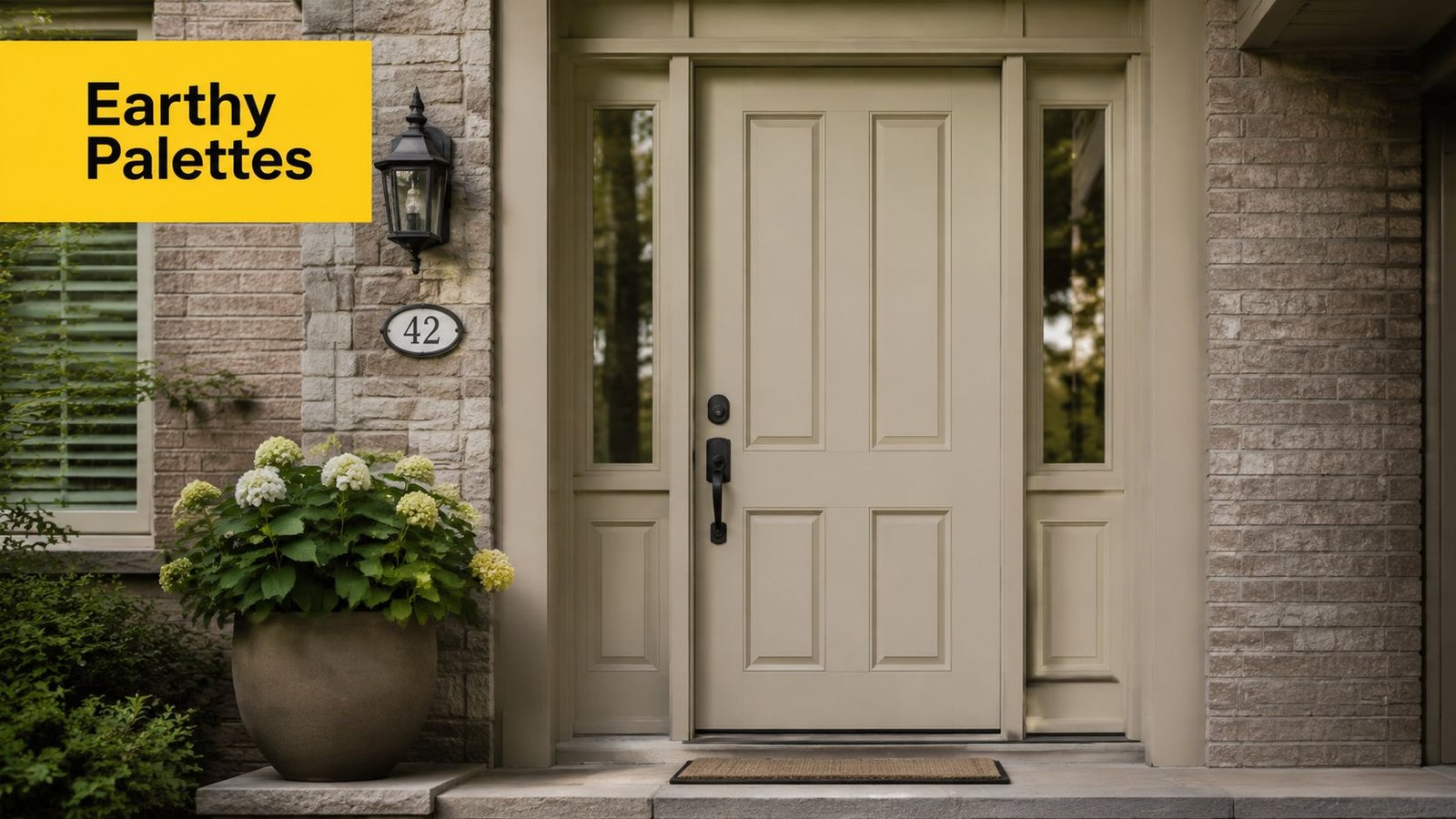 A classic beige front door with sidelights on a brick house entrance, adorned with a potted plant.