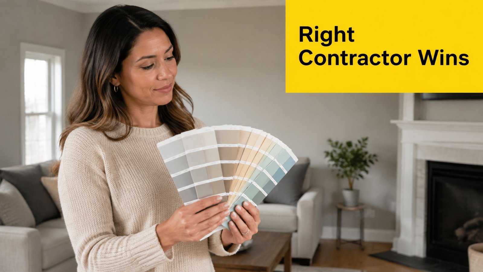 A woman holding a set of interior paint swatches while standing in a cozy living room.