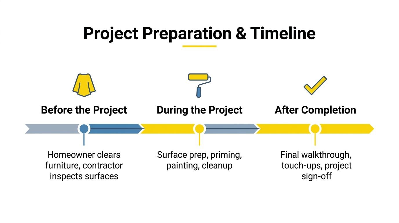 A timeline graphic outlining the steps for a home painting project from preparation to final completion.