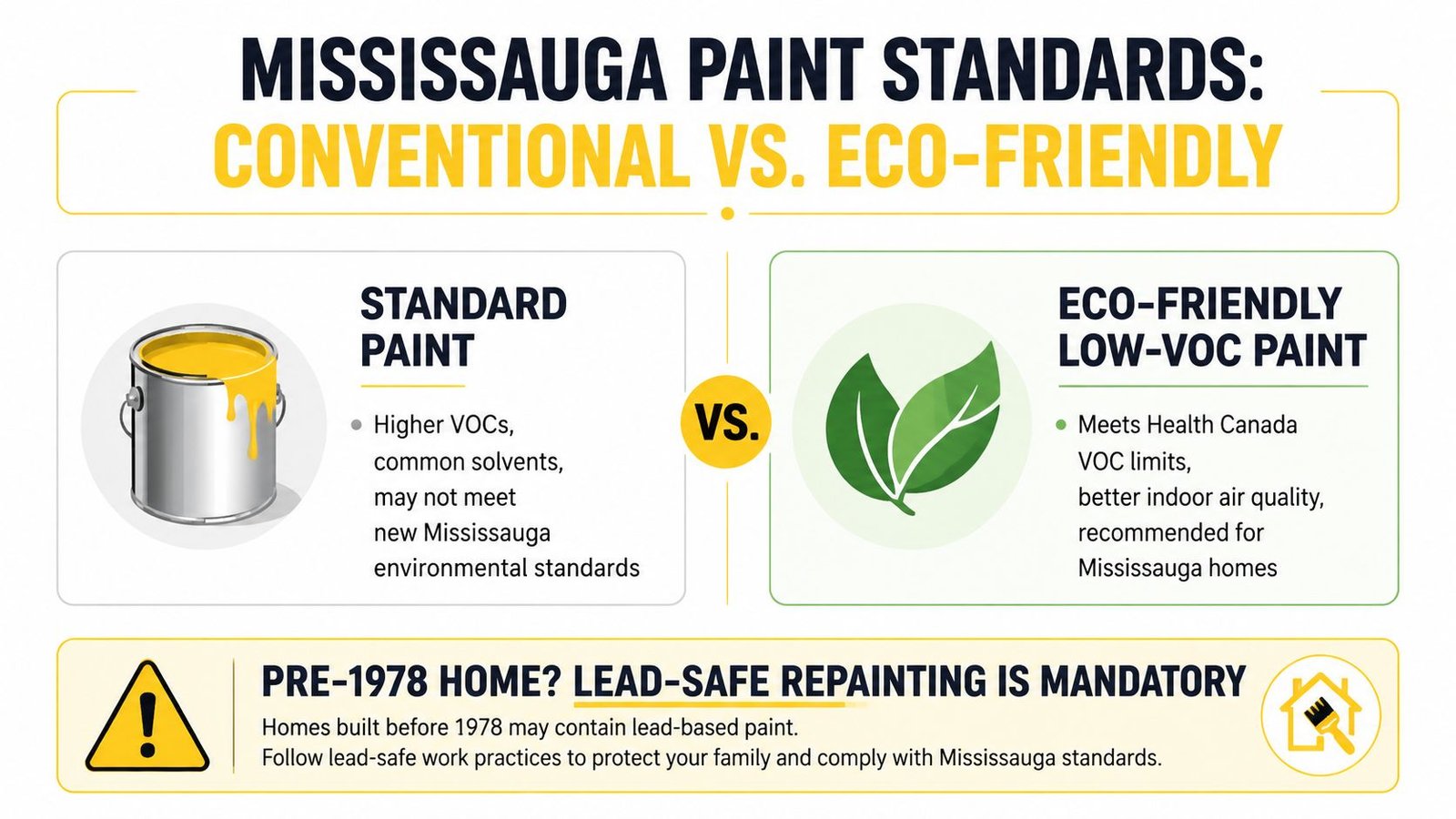 A comparison infographic between standard paint and eco-friendly low-VOC paint for Mississauga home renovation standards.