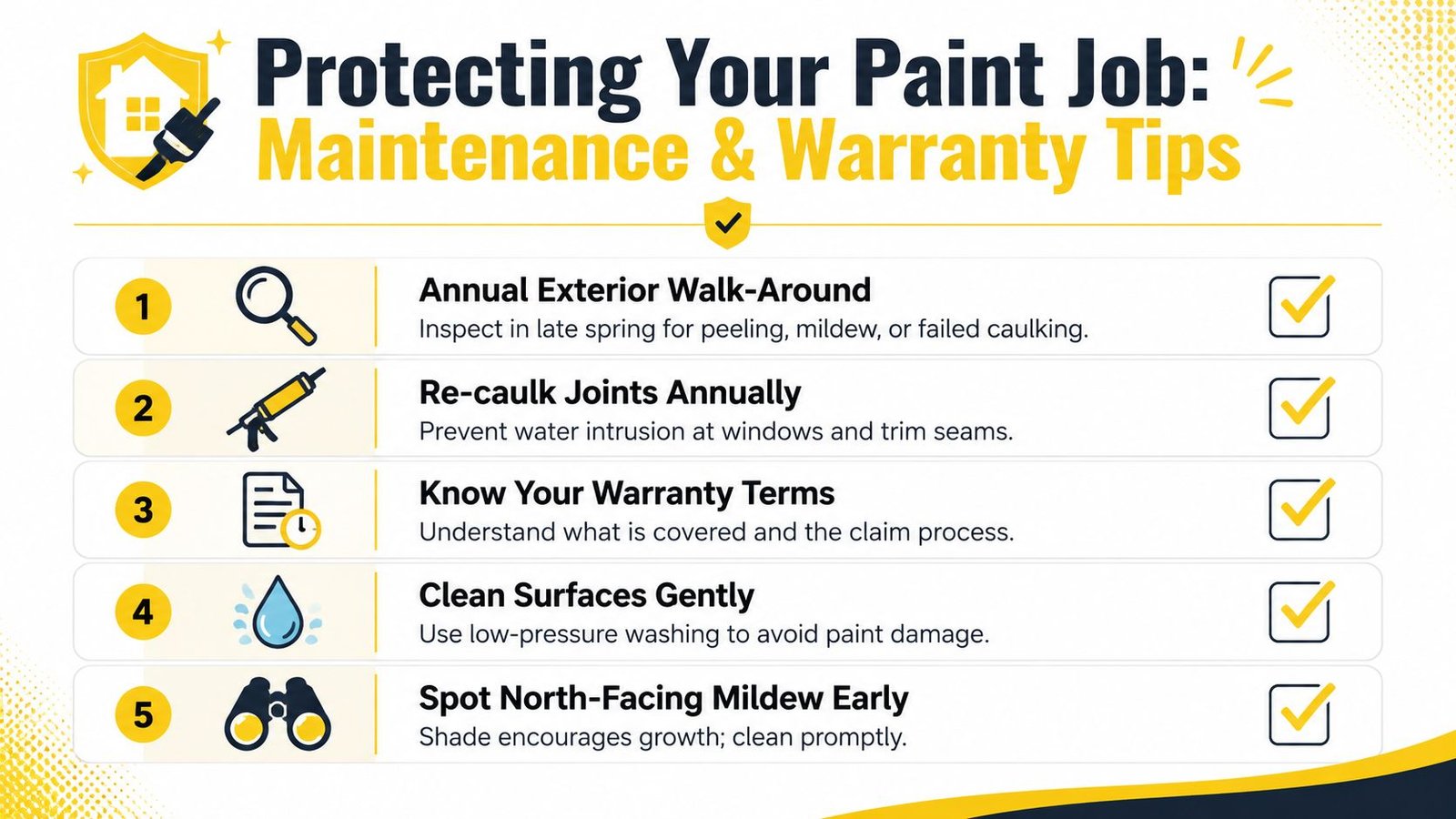 An infographic titled Protecting Your Paint Job listing five essential home maintenance and warranty tips for homeowners.