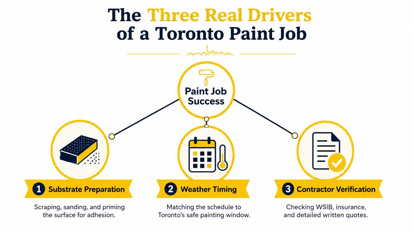 A diagram outlining the three key factors for successful house painting in Toronto: substrate preparation, weather timing, and contractor verification.