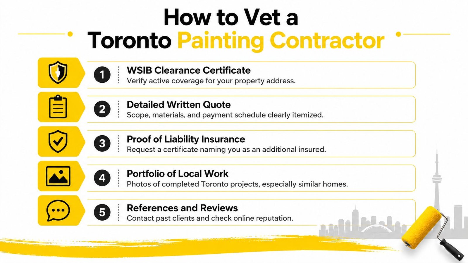 An infographic titled How to Vet a Toronto Painting Contractor, listing five key steps for homeowners.