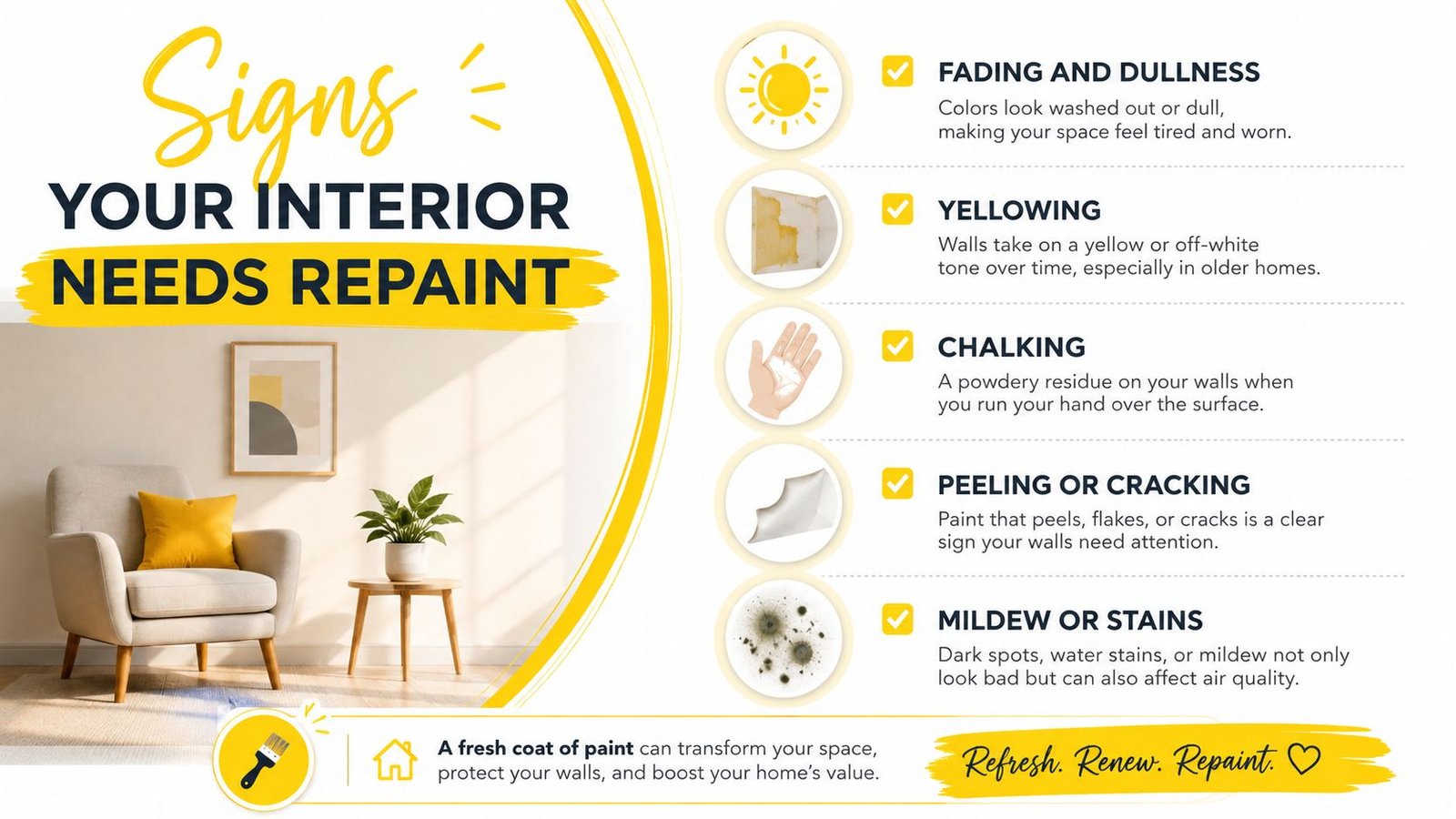 An infographic illustrating five key signs that your home interior walls need a fresh coat of paint.