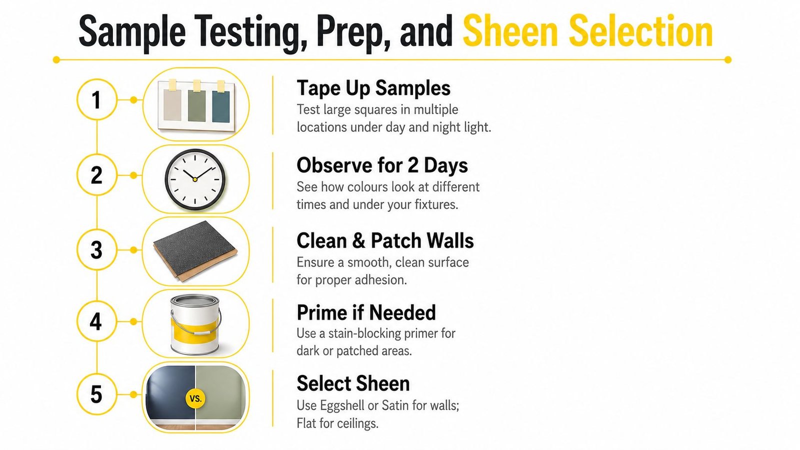 A five-step guide for painting preparation including testing sample colors, observing lighting, cleaning, priming, and choosing sheen.