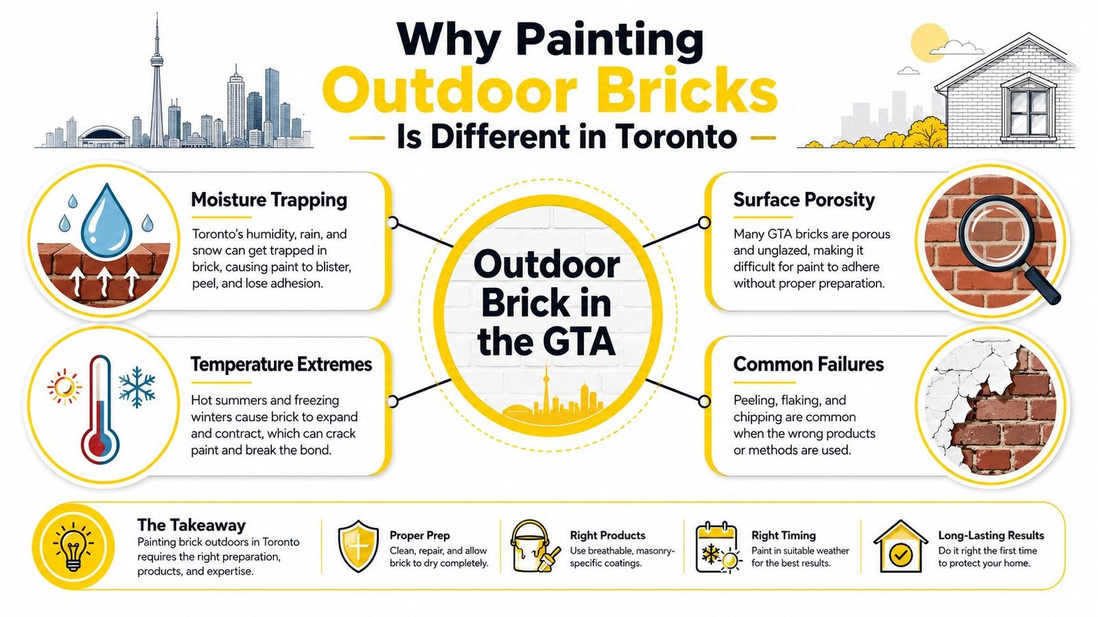 An infographic detailing the unique challenges and best practices for painting outdoor bricks in the Toronto area.
