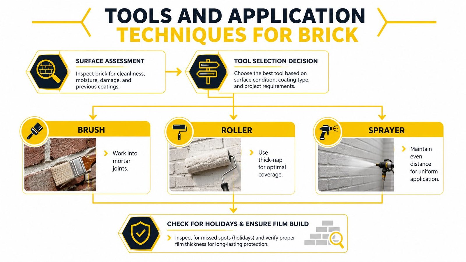 An infographic detailing professional tools and application techniques for painting and coating brick surfaces effectively.