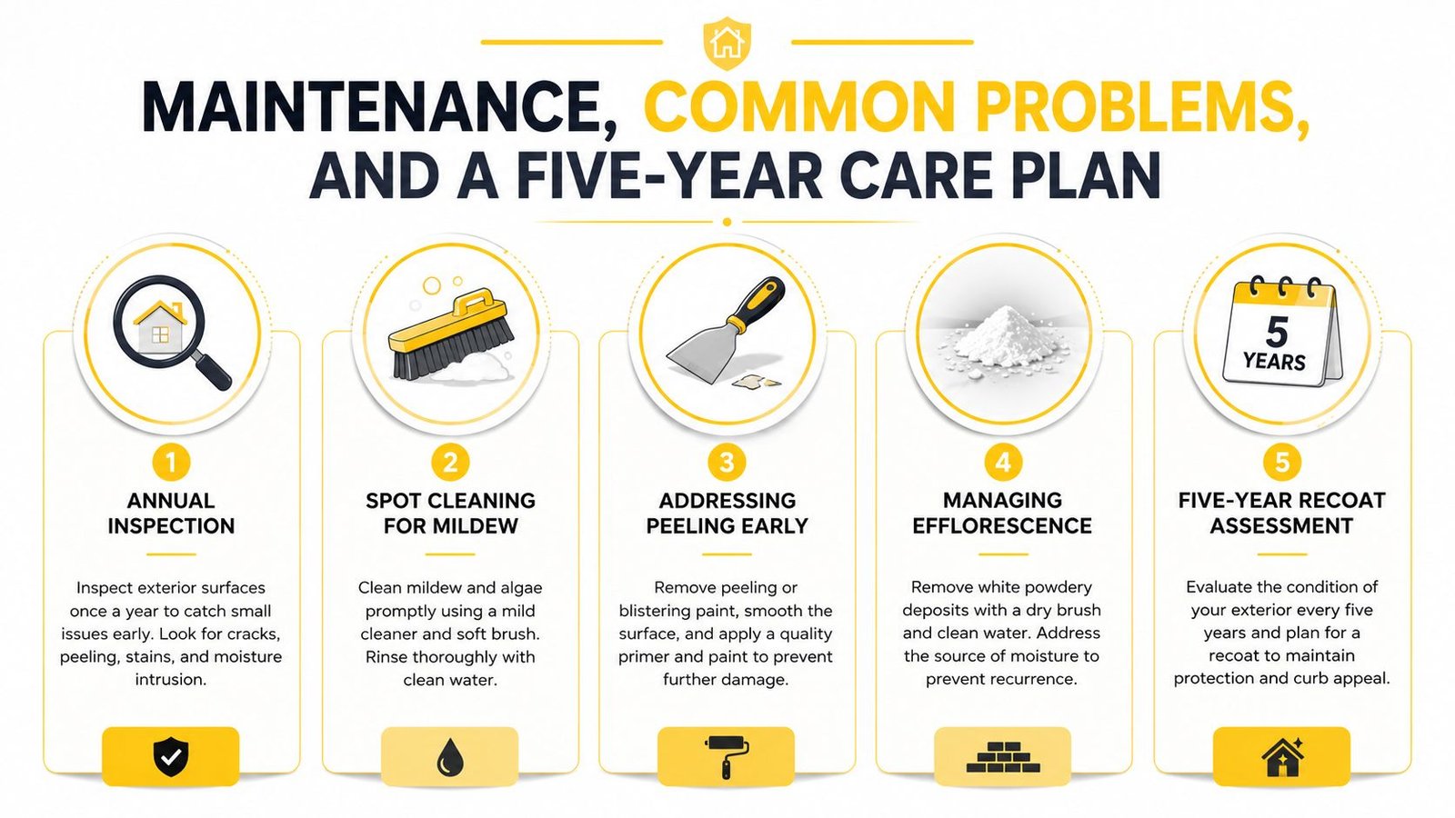 A five-step guide on exterior home maintenance, addressing issues like mildew, peeling paint, and efflorescence on brick surfaces.