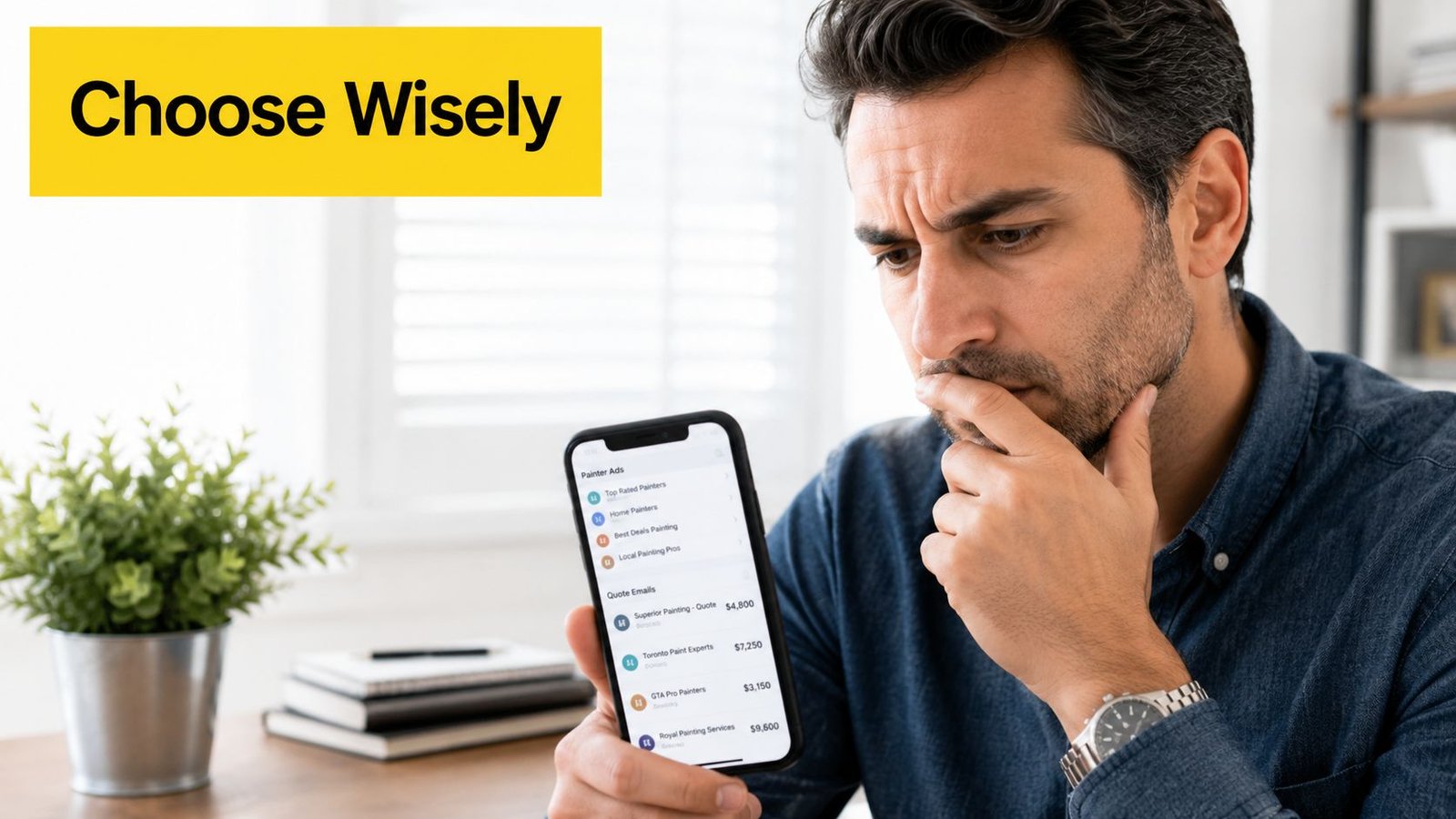 A concerned man looking at his smartphone to compare painting service quotes for home renovation projects.
