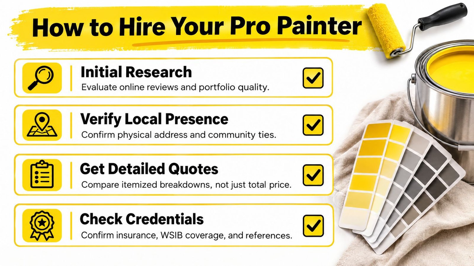 A professional infographic outlining four essential steps to hire a reliable painter for home renovation projects.