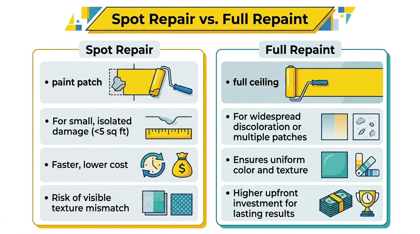 A comparison infographic between spot repair and full ceiling repainting, highlighting pros, cons, and best use cases.