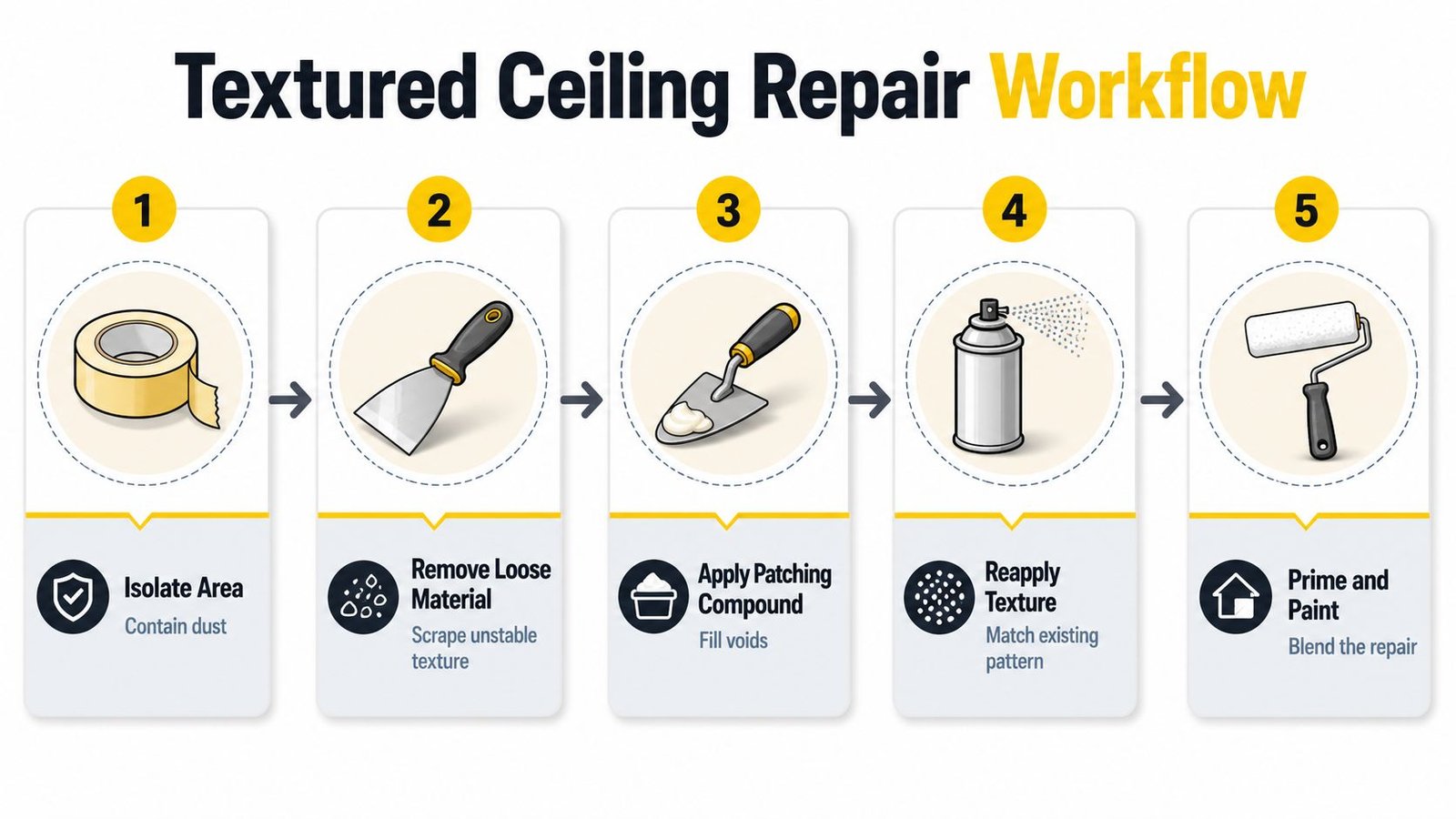A five-step infographic showing the workflow to repair a textured ceiling including tools and preparation steps.