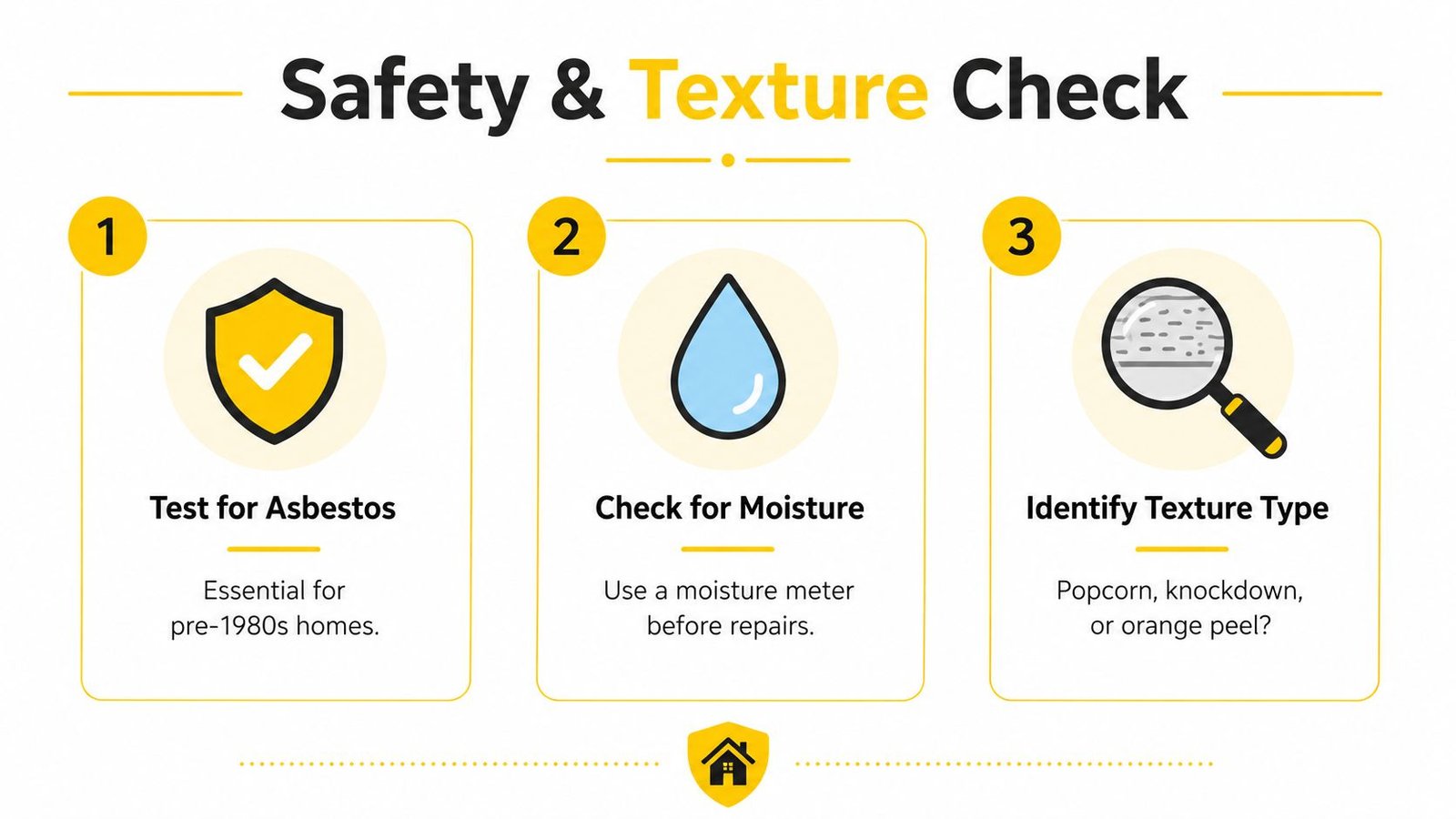 A safety checklist for textured ceilings including testing for asbestos, checking for moisture, and identifying texture types.