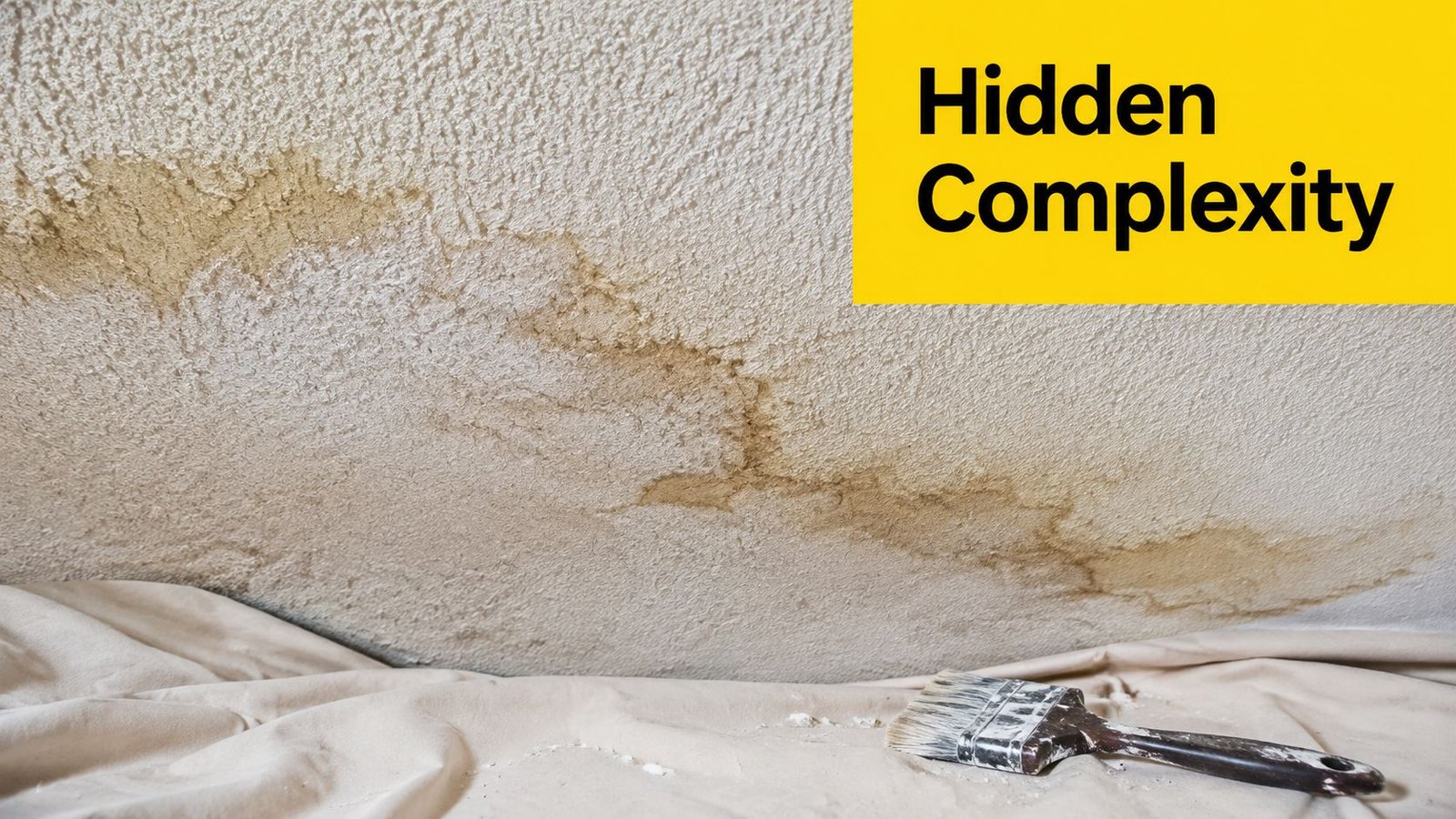 A paint brush rests on a drop cloth beneath a ceiling featuring significant water damage stains.