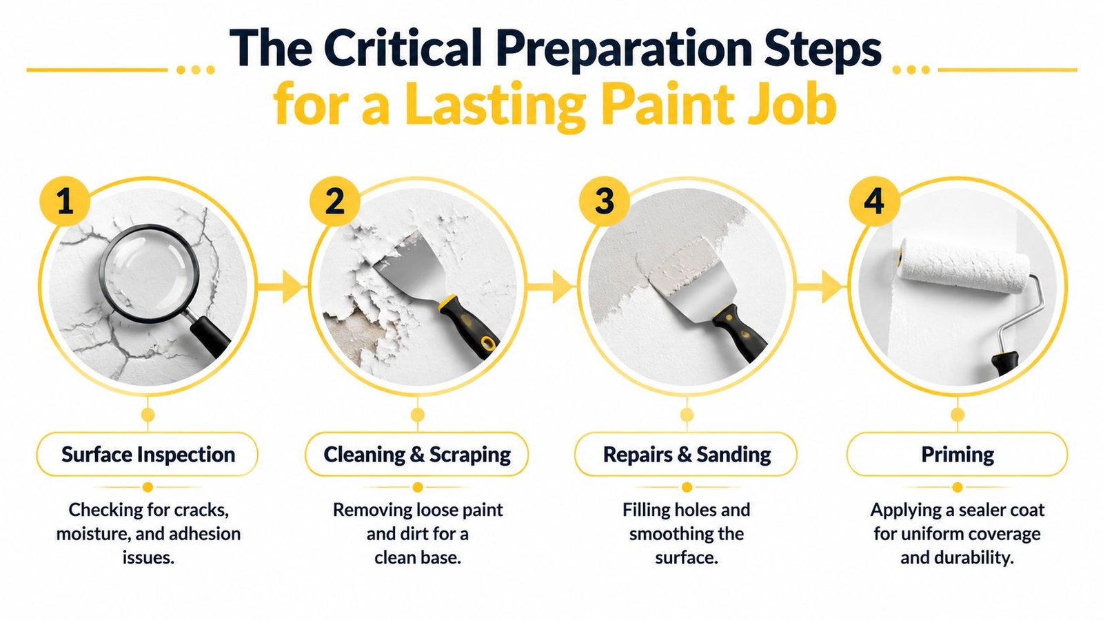 A four-step infographic illustrating essential surface preparation steps for a high-quality, durable home painting project.