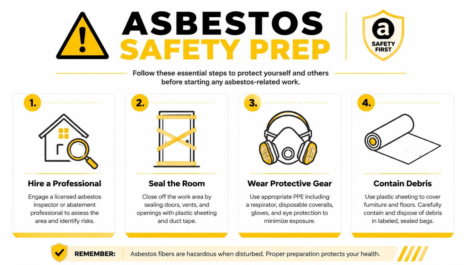 An infographic titled Asbestos Safety Prep showing four essential steps to take before handling asbestos materials safely.
