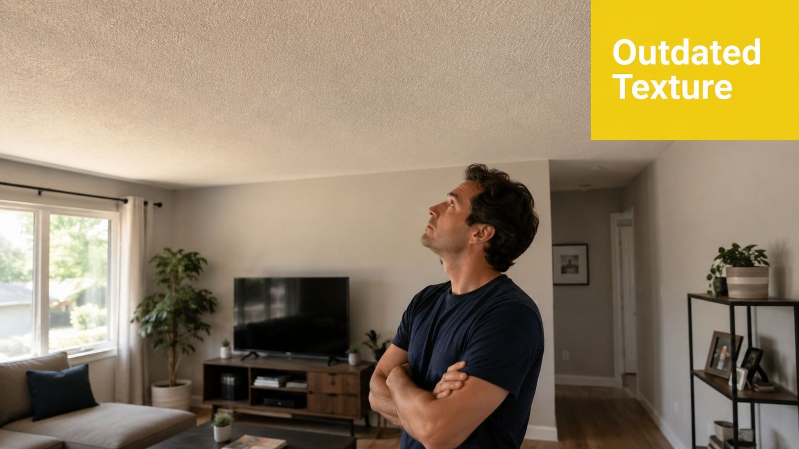 A man looking up at a dated popcorn ceiling in a modern living room setting.