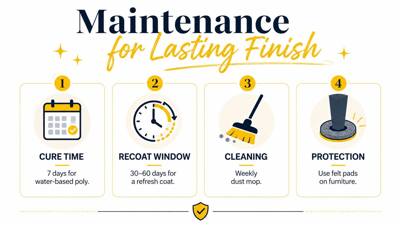 A maintenance guide infographic for a floor finish detailing cure time, recoat window, cleaning, and furniture protection.