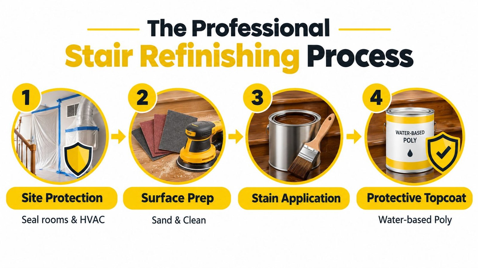 A four-step infographic illustrating the professional process of refinishing wooden stairs including protection, preparation, staining, and finishing.
