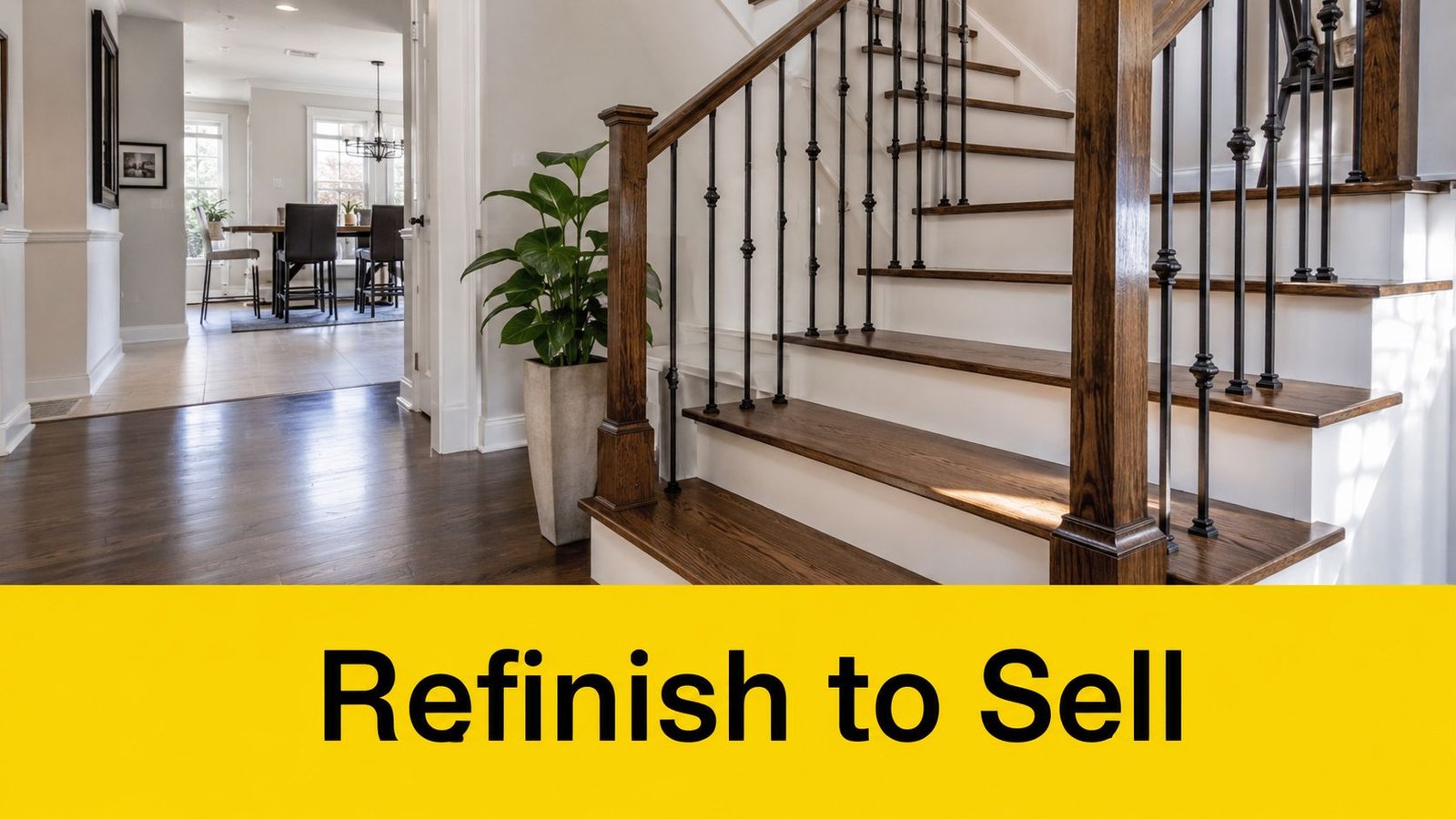 A grand wooden staircase with white risers and dark stained treads featuring elegant metal balusters in a home