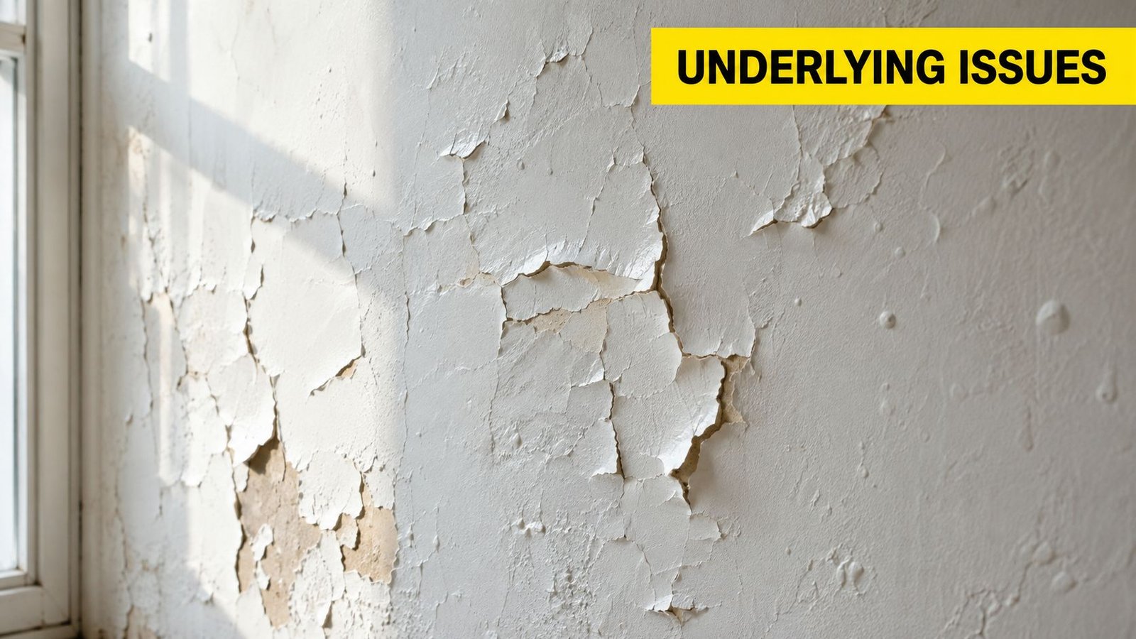 A damaged white wall showing significant paint peeling, cracking, and bubbling near a window frame.