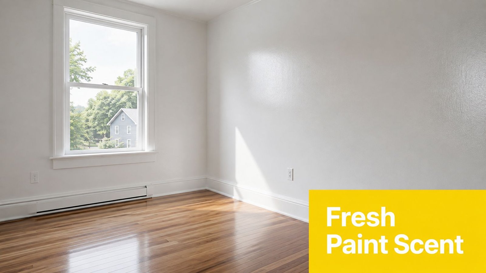 A freshly painted empty room with hardwood floors, white walls, and a window overlooking a suburban neighborhood.