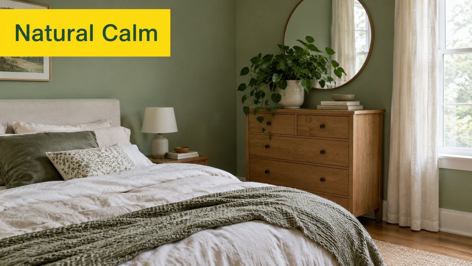 A serene bedroom featuring sage green walls, a wooden dresser, and a cozy white bed with linen.