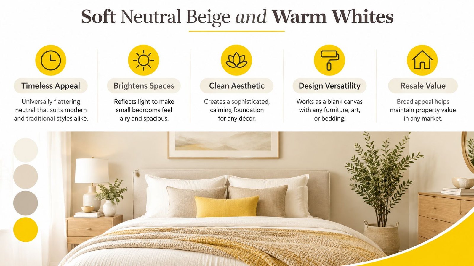 A modern bedroom with beige and white walls, featuring design benefits of neutral colors in interior spaces.