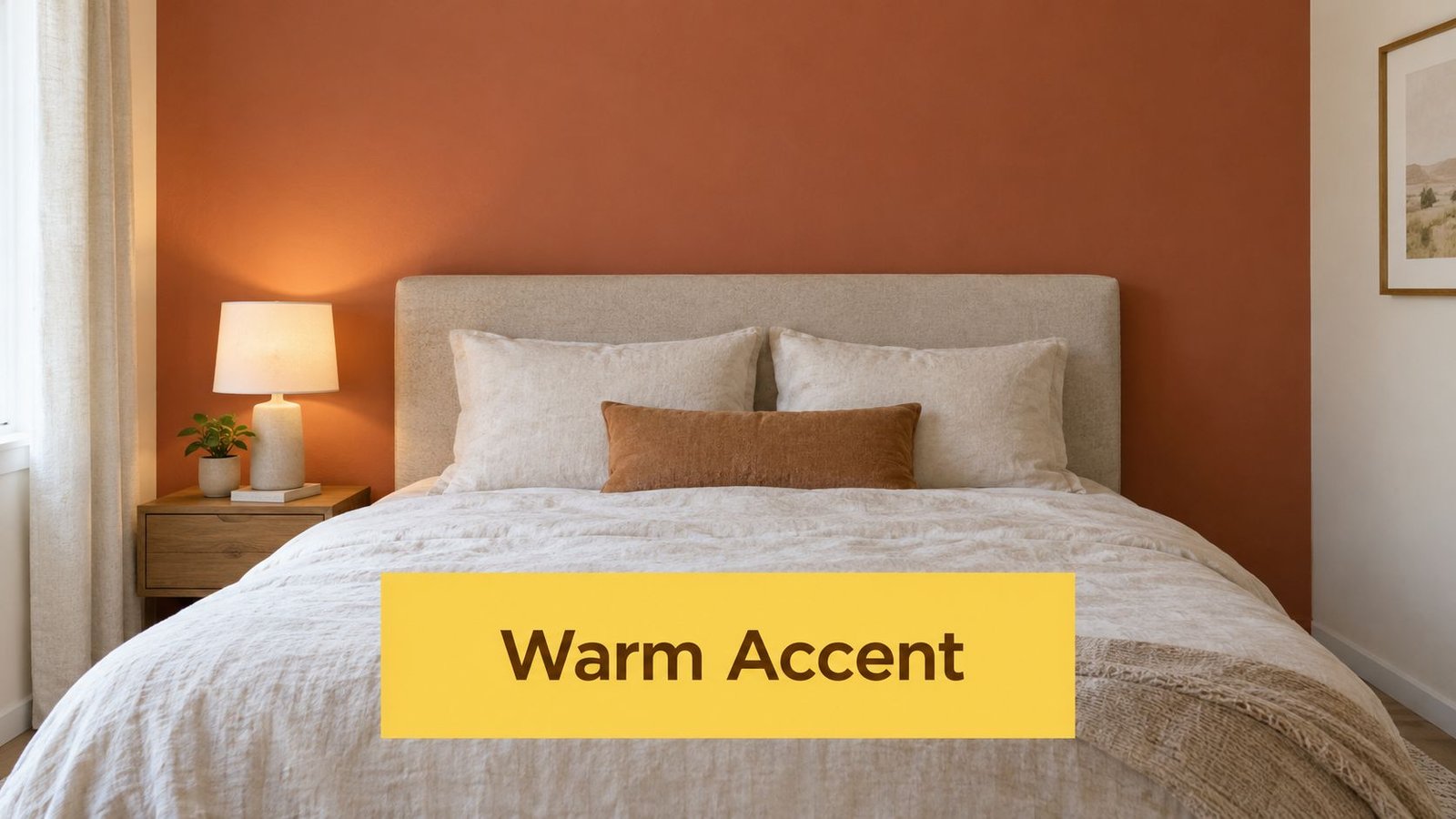 A minimalist bedroom featuring a terracotta accent wall behind a beige headboard with layered neutral bedding.